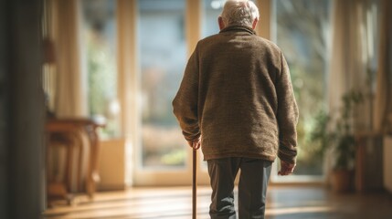Elderly man walking with a cane through a sunlit home interior, cozy and warm atmosphere, senior lifestyle, porch or entranceway, natural light