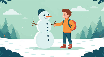 A young boy happily building a snowman in the snow.
