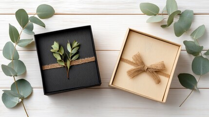 Christmas gift box. Christmas presents in red boxes at white wooden table. Flat lay with copy space.