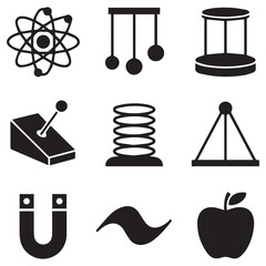 Collection of nine black science and physics icons representing atomic structure newton s cradle a pendulum a lever a spring a magnet and an apple