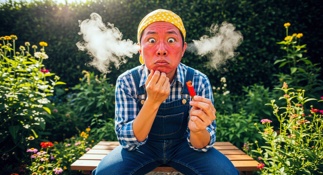 Man blowing smoke out of his ears after eating spicy chili peppers in his garden