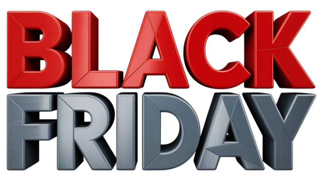 Bold red and silver black friday text isolated on transparent background