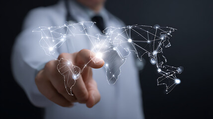 A person in a lab coat interacts with a holographic world map network, symbolizing global connectivity and data exchange.
