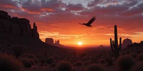 Southwest Falcon  Silhouette of a Bird Flying Above Red Rock Sunrise