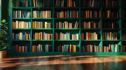 Green bookshelf with many books