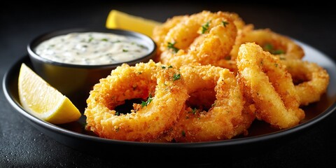 Fried calamari rings served with lemon and creamy dipping sauce.