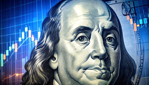 A portrait of a historical figure on currency is juxtaposed with a blue stock market graph, symbolizing finance