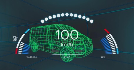 van appearing in tunnel accelerating, speedometer rising, gauges updating to reflect driving data - Powered by Adobe