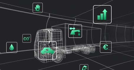 Starting with wireframe cargo truck in grid tunnel, fading icons cycling data for fleet telematics - Powered by Adobe