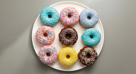 Assorted donuts with glaze and sprinkles on white plate top view