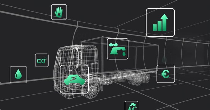 Starting with wireframe cargo truck in grid tunnel, fading icons cycling data for fleet telematics