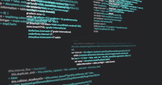 Camera panning over wireframe grid revealing JavaScript and HTML code blocks showing progression