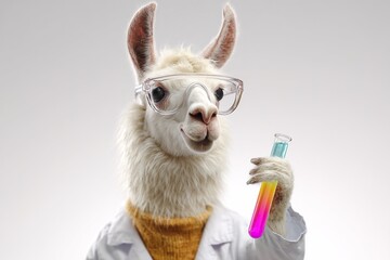 Llama scientist with test tube wearing lab coat and safety glasses