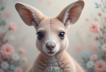 Dreamy Roo  Whimsical Kangaroo Portrait with Gentle Pastel Colors and a Subtle Flower Design