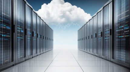 Rows of server racks in a data center