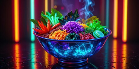 Bibimbap in a cyberpunk style, featuring neon lit vegetables and a futuristic design. A vibrant and exciting culinary experience.