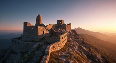Ancient stone monastery perched atop a mountain at golden hour sunrise