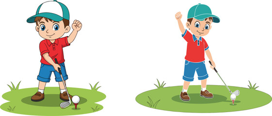 Vector illustration of happy boy playing golf, child holding club, hitting ball on grass field, outdoor sport activity, fun, recreation, competition, training