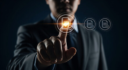 Digital Document Approval Process with Businessman Interacting with a Glowing Virtual Interface for Efficient Workflow and Seamless Confirmation