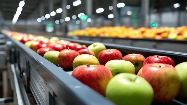 A robotic sorter handles fruit in a packing facility with apples rolling sensors scanning for size conveyors directing and workers boxing depicted in a vibrant photo with
