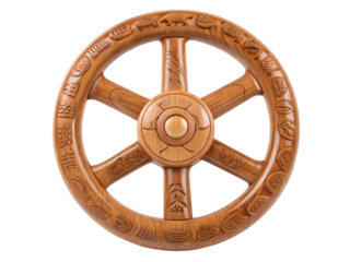 Wooden dharma wheel isolated on transparent background studio