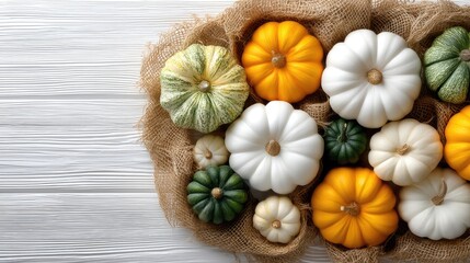 Fototapeta premium A collection of pumpkins in shades of orange and white, arranged neatly on a wooden surface, creating a warm fall scene
