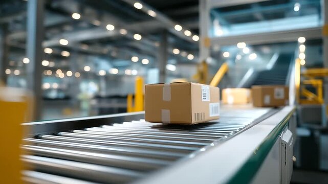 A robotic sorter organizes packages in a distribution center with conveyor belts whirring barcodes scanning boxes sliding into chutes and a worker overseeing operations