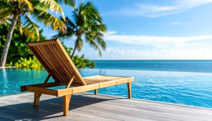 Tropical Poolside Lounger with Ocean View Relaxation, and Vacation Sunny Day.