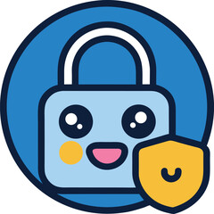 Cute cartoon padlock character with shield icon security
