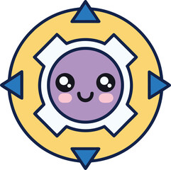 Obraz premium Cute kawaii purple face with big eyes and blush on a yellow compass background