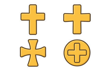Obraz premium Golden cross vector icon set. Christian religious symbols, catholic faith crucifix sign collection. Cartoon illustration for jewelry design, logo, or holy spiritual element.