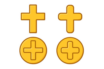 Fototapeta premium Gold cross icon set. Christian religious symbol. Golden plus sign for faith and jewelry design. Vector illustration of medal, coin, and holy crucifix shapes. Spiritual element.