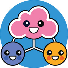 Cute pink cloud character connecting to blue and orange round characters