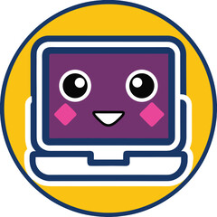 Cute purple laptop with smiling face and pink cheeks inside a yellow circle