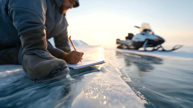 A scientist their boots slipping measures snow depth with a probe its metal tip piercing layers. A notebook its pages creased records data. A snowmobile its tracks grooved