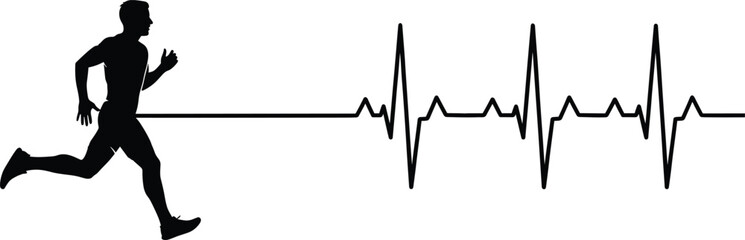 Silhouette of runner with heartbeat ECG line symbolizing fitness, cardiovascular health, exercise benefits, active lifestyle, and heart rate monitoring concept