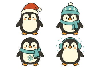 Fototapeta premium Cute winter penguin icons set with Christmas hat, cozy scarf, snowflake, and earmuffs, cartoon vector illustration for holiday decoration, flat style transparent background
