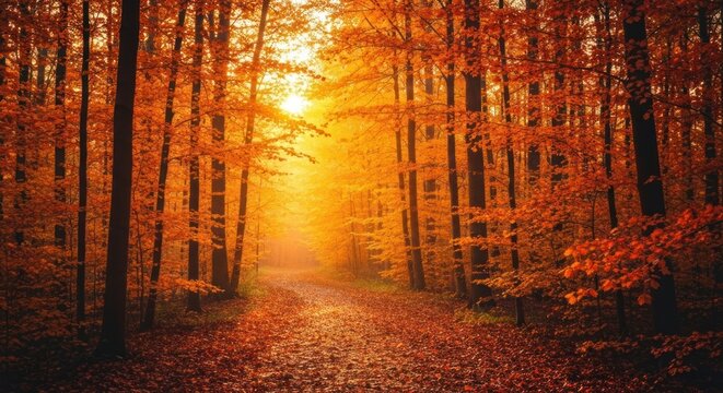 Autumnal forest path bathed in golden sunlight - Powered by Adobe