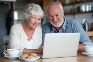 Senior couple smiling while ordering gifts online, sitting at kitchen table with cookies and coffee, 