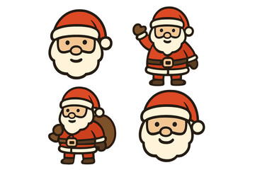 Cute Santa Claus icon set with flat style, vector cartoon illustrations, smiling Santa faces and full body poses carrying gift sack and waving, festive Christmas characters