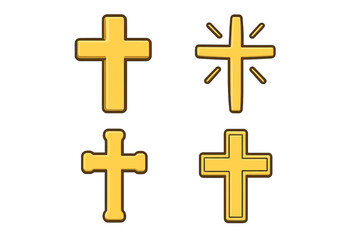 Set of four golden crosses flat style vector cartoon icons, religious symbols collection with shiny and solid designs, Christian faith illustration with transparent background