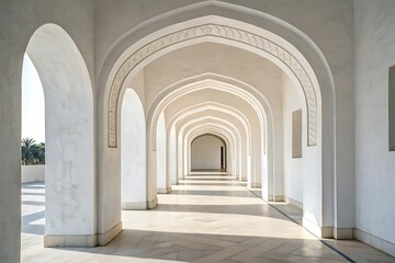 A long corridor of ornate white arches with symmetrical architectural detail