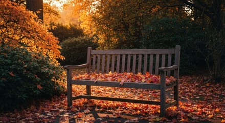Autumnal park bench, bathed in golden sunlight. Fallen leaves cover a wooden bench
