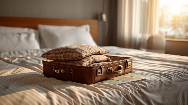 Vintage suitcase plaid pillow and map in cozy bedroom with soft sunlight, travel relocation comfort, morning preparation journey planning