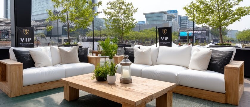 Elegant seating area featuring white sofas and a wooden table, surrounded by greenery, with a big screen showcasing news updates nearby