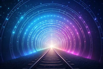 A futuristic tunnel with glowing rails and vibrant digital light effects