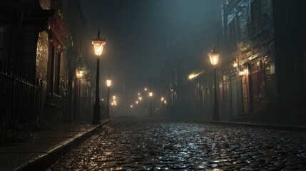 Elegant photo of cobblestone street in Victorian London at night, illuminated by gas lamps, the scene is dark and mysterious with raindrops on the pavement.