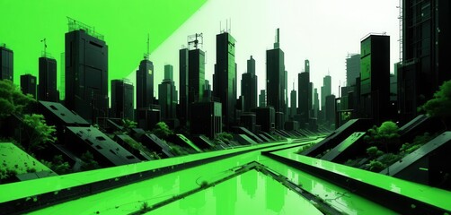 City of Green  An Abstract Black and Green Texture with Angular Elements and Perspective