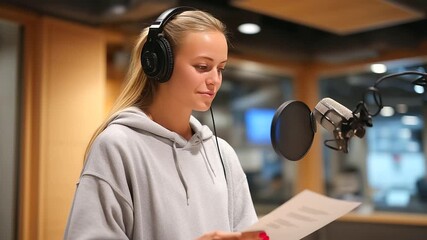 A student records a podcast in a library’s media room with a microphone glowing headphones snug a script open and soundproof walls absorbing presented in a creative photo with - Powered by Adobe