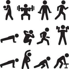 Black silhouette icons of gym, sports, and workout activities including running, weightlifting, cycling, yoga, and fitness training. Ideal for health, apps, posters, and gym branding.
